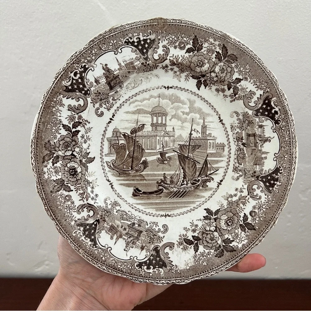 Set 4 Antique English Transferware Gondola Boat Brown White Scallop Plates 1830s
